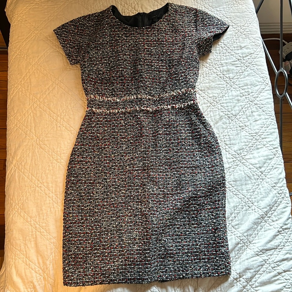 Crew Tweed shift dress.  Multi-color with metallic accent
